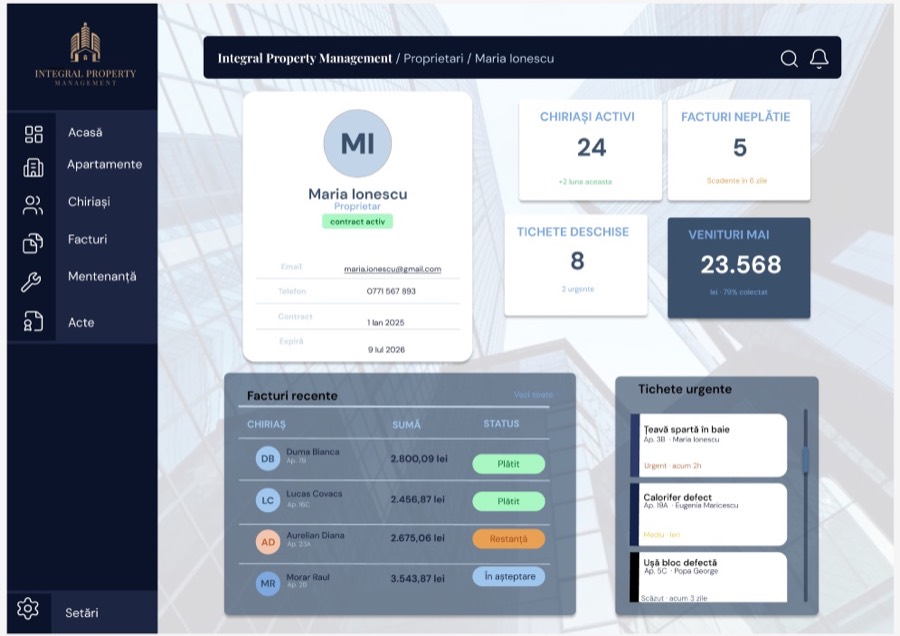 Machetă a dashboard-ului proprietarului din Integral Property Management, cu chiriași activi, facturi și tichete urgente